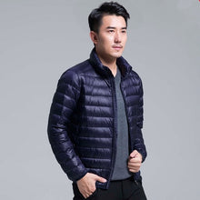 Load image into Gallery viewer, QUANBO Brand Autumn Winter Light Down Jacket Men's Fashion Hooded Short Large Ultra-thin Lightweight Youth Slim Coat 5XL